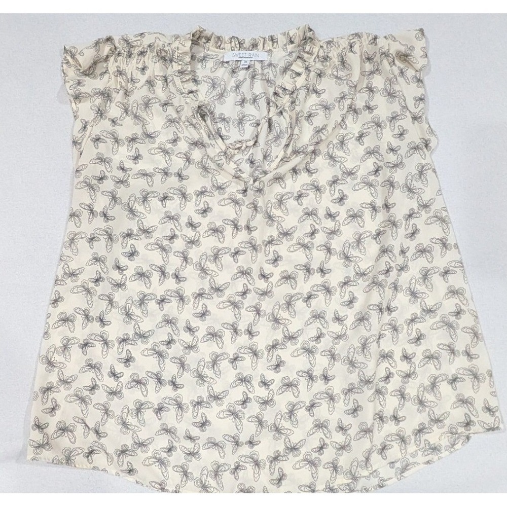Sweet Rain Butterfly Blouse Womens 3X Cream Excellent Ruffle V-Neck Cap Sleeve
